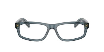 Das Bild zeigt die Prada Brille B02V in Transparent ocean/silver von vorne.
